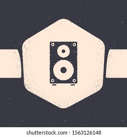 Grunge Stereo speaker icon isolated on grey background. Sound system speakers. Music icon. Musical column speaker bass equipment. Monochrome vintage drawing. Vector Illustration