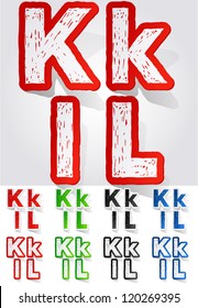 Grunge sticker alphabet. Vector illustration of dirty font. Letters k l