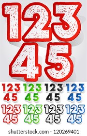 Grunge sticker alphabet. Vector illustration of dirty font. Letters 1 2 3 4 5