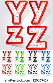 Grunge sticker alphabet. Vector illustration of dirty font. Letters y z