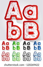 Grunge sticker alphabet. Vector illustration of dirty font. Letters a b