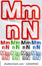 Grunge sticker alphabet. Vector illustration of dirty font. Letters m n