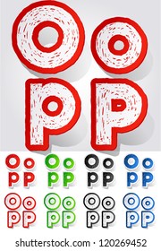 Grunge sticker alphabet. Vector illustration of dirty font. Letters o p
