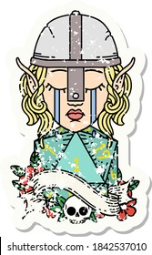 grunge sticker of a crying elf fighter character face with natural one D20 roll