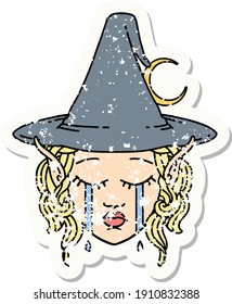 grunge sticker of a crying elf mage character face