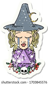 grunge sticker of a crying elf witch with natural one D20 roll