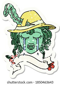 grunge sticker of a crying half orc bard character face