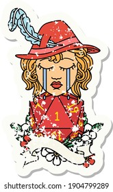 grunge sticker of a crying human bard with natural 1 D20 roll