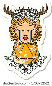 grunge sticker of a crying human druid with natural one D20 roll