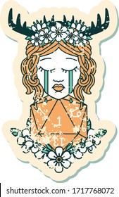 grunge sticker of a crying human druid with natural one D20 roll