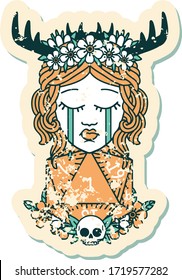 grunge sticker of a crying human druid with natural one D20 roll