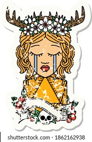 grunge sticker of a crying human druid with natural one d20 roll