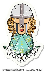grunge sticker of a crying human fighter with natural one D20 roll