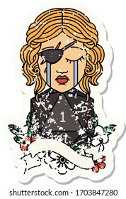 grunge sticker of a crying human rogue with natural one D20 roll