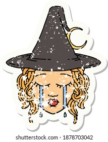 grunge sticker of a crying human witch character