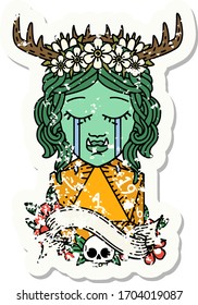 grunge sticker of a crying orc druid character face with natural one D20 roll