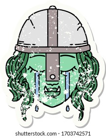 grunge sticker of a crying orc fighter character face