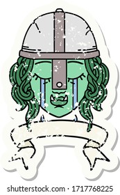 grunge sticker of a crying orc fighter character face
