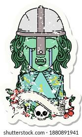 grunge sticker of a crying orc fighter character face with natural one D20 roll