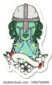 grunge sticker of a crying orc fighter character face with natural one d20 roll
