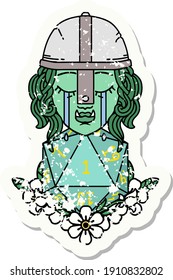 grunge sticker of a crying orc fighter character with natural one D20 roll