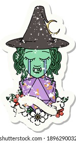 grunge sticker of a crying orc witch with natural one D20 roll