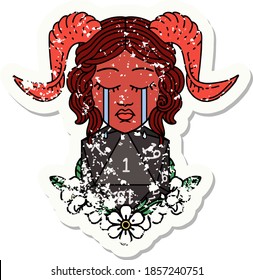 grunge sticker of a crying tiefling character with natural one D20 dice roll
