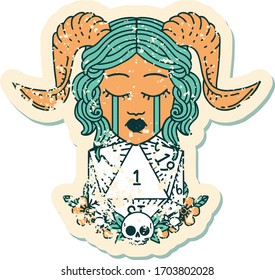 grunge sticker of a crying tiefling with natural one D20 dice roll