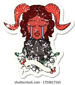 grunge sticker of a crying tiefling with natural one D20 roll