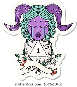 grunge sticker of a crying tiefling with natural one D20 roll