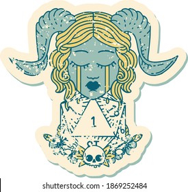 grunge sticker of a crying tiefling with natural one D20 dice roll