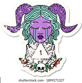 grunge sticker of a crying tiefling with natural one D20 dice roll