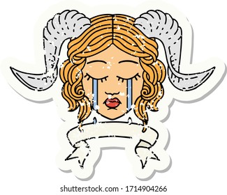 grunge sticker of a crying tiefling with scroll banner