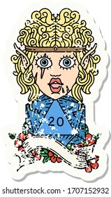 grunge sticker of a elf barbarian character with natural twenty dice roll