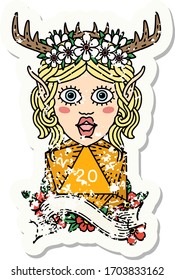 grunge sticker of a elf druid character with natural twenty dice roll