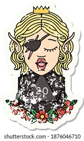 grunge sticker of a elf rogue character with natural twenty dice roll