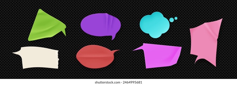 Grunge sticker in form of speech bubble. Realistic 3d vector illustration set of glued school chat note paper with wrinkles and torn edge. Adhesive crumpled speak and think cloud. Conversation patch.