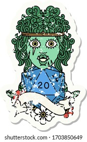 grunge sticker of a half orc barbarian character with natural twenty dice roll