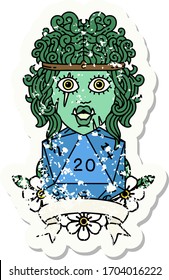 grunge sticker of a half orc barbarian character with natural 20 dice roll