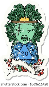 grunge sticker of a half orc barbarian with natural twenty dice roll
