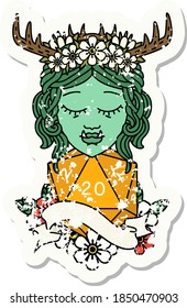 grunge sticker of a half orc druid character with natural 20 dice roll