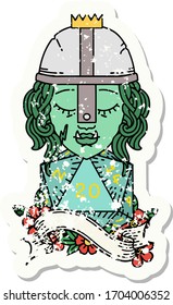 grunge sticker of a half orc fighter with natural 20 dice roll