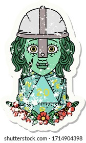 grunge sticker of a half orc fighter character with natural twenty dice roll
