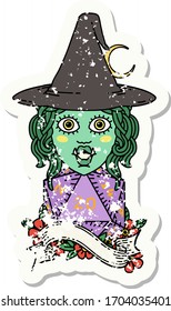 grunge sticker of a half orc mage with natural 20 dice roll