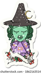 grunge sticker of a half orc mage with natural 20 dice roll