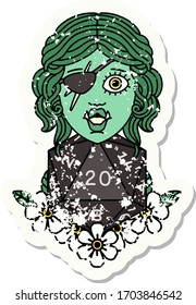 grunge sticker of a half orc rogue with natural twenty dice roll