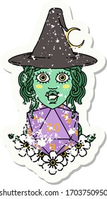 grunge sticker of a half orc witch with natural twenty dice roll