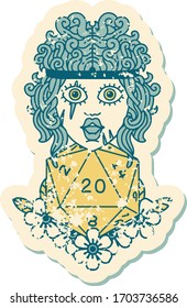 grunge sticker of a human barbarian with natural twenty dice roll