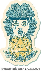 grunge sticker of a human barbarian with natural twenty dice roll