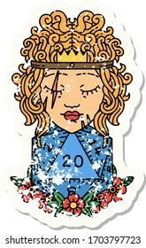 grunge sticker of a human barbarian with natural twenty dice roll